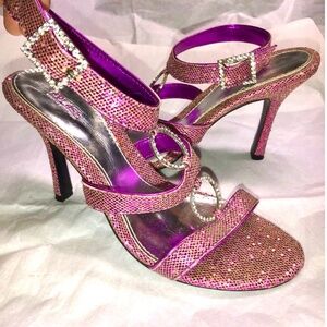 Vtg Y2K SPLASH Violet Purple Hologram Sparkle Strappy 4" Party Heels Open Toe